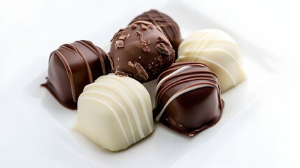 An assortment of dark and milk chocolate truffles on a white plate.