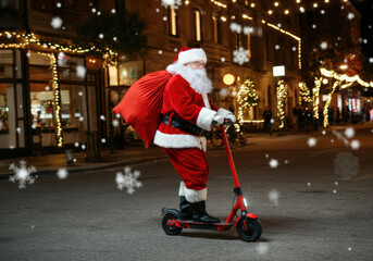 A festive Santa Claus joyfully rides a scooter through a decorated town during winter holiday celebrations at night