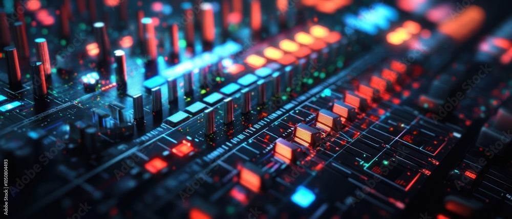 Poster a close-up view of a digital sound mixer with vibrant lights and controls.