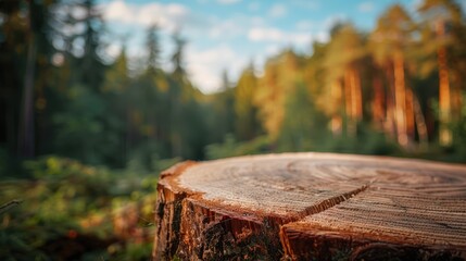 Deforestation scene depicting tree stumps and logs in a forest, highlighting the effects of logging on nature and the environment