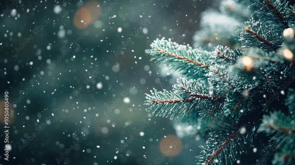 Poster snow-covered fir tree branch with falling snow and blurred winter background. ideal for christmas an