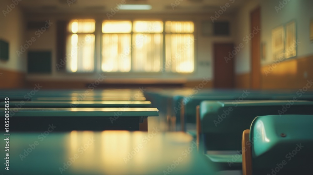 Poster a quiet classroom with rows of desks and natural light streaming through the windows.