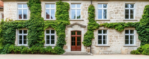 Fototapeta premium Old stone manor with ivy creeping over windows, classic European architecture