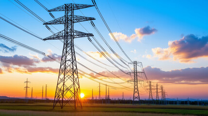 Fototapeta premium AI smart grids optimize electricity flow at sunset in rural areas