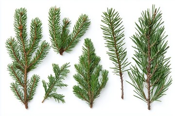 Various evergreen pine branches on white background, natural Christmas decorations and botanical elements.