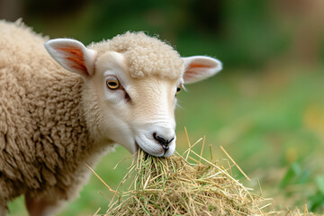 Obraz premium A curious sheep happily munches on fresh hay during a sunny afternoon