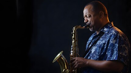 A man plays the saxophone in a dark studio.