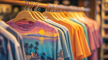 Obraz premium Vibrant collection of summer-themed t-shirts displayed in a beachside shop