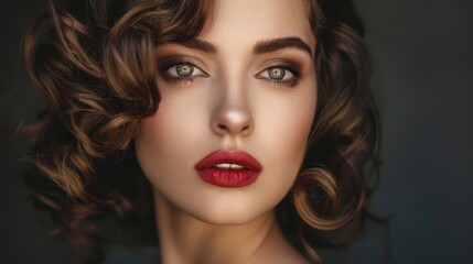 Fototapeta premium Classic Elegance: Portrait of a stunning brunette supermodel with gorgeous hair, reflecting timeless beauty and style.