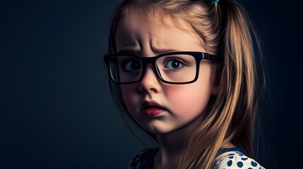 Fototapeta premium A young girl with blonde hair and glasses looks thoughtfully at the camera.
