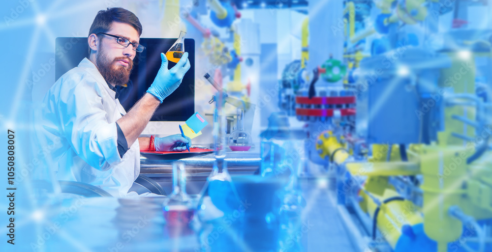 Poster man bio engineer. test tube in hands of laboratory assistant. bio engineer studies reagent. guy in w