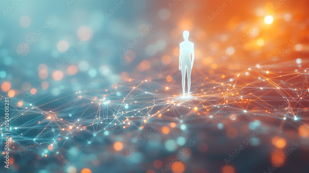 Aufkleber a digital representation of a figure amidst a network of interconnected nodes and lights.
