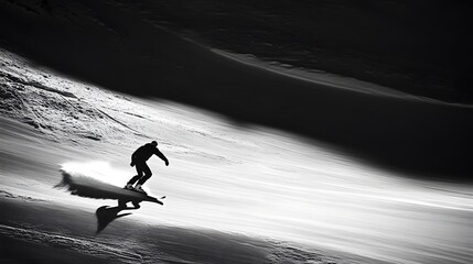 A skier carves a turn on a snowy slope, leaving a trail of powder in their wake.