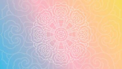Fototapeta premium Round mandala on colorfull gradient background. Translucent mesh pattern in the form of a mandala. Mandala with floral patterns. Pastel Yoga template.