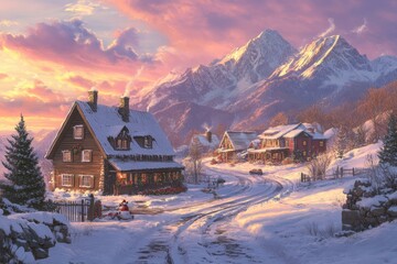 Fototapeta premium Snow-covered mountain village with rustic wooden cabins and pine trees under a clear blue sky.