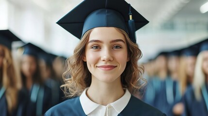 A smiling graduate in a cap and gown stands confidently among fellow graduates, celebrating a momentous achievement.