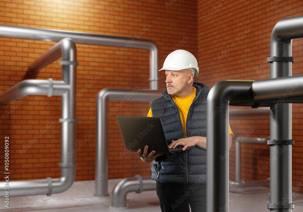 Poster man engineer. guy with laptop in basement of building. engineer inspects heating pipes. brick factor
