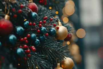 Close-up of a Christmas tree adorned with colorful ornaments and twinkling lights, capturing holiday spirit.