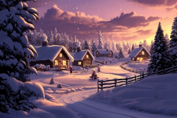 A quaint wooden cabin nestled in a serene snow-covered landscape surrounded by tall evergreen trees.