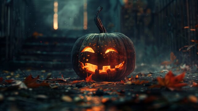 A wickedly grinning jack-o-lantern with glowing eyes stands in the rain