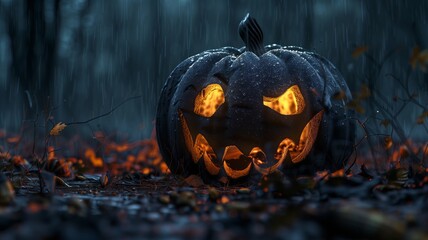 A carved jack-o-lantern with a mischievous grin sits on a misty cobblestone path