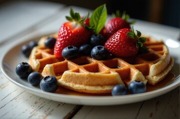 Baked waffles with strawberries and blueberries on the white plate on the wooden table
