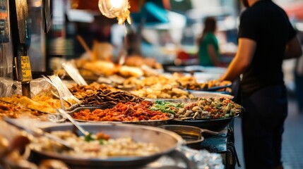 Fototapeta premium A marketplace bustling with vendors selling street foods from different cultures, Illustrating culinary diversity and cultural exchange in urban settings, photography style