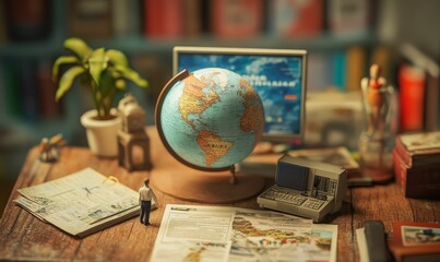 A miniature globe, man, and computer on a wooden table.
