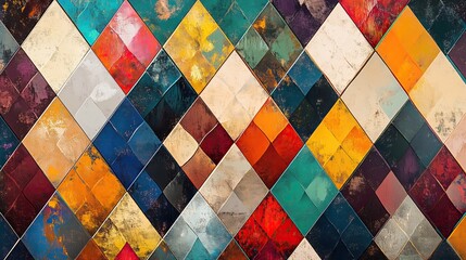 colorful geometric pattern, green, red, yellow, blue and black colors. Grunge texture. Vintage print for textiles