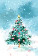 Fototapeta premium Artistic christmas tree with merry christmas greeting design for cards and posters