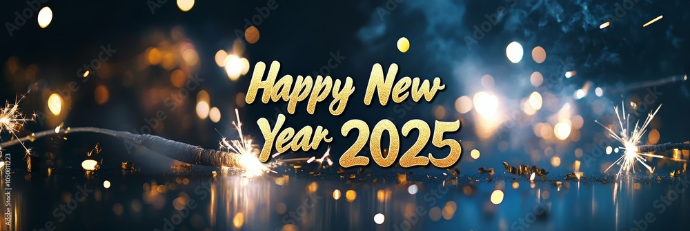 Poster horizontal banner with 'happy new year 2025' in festive golden letters and sparklers illuminating th