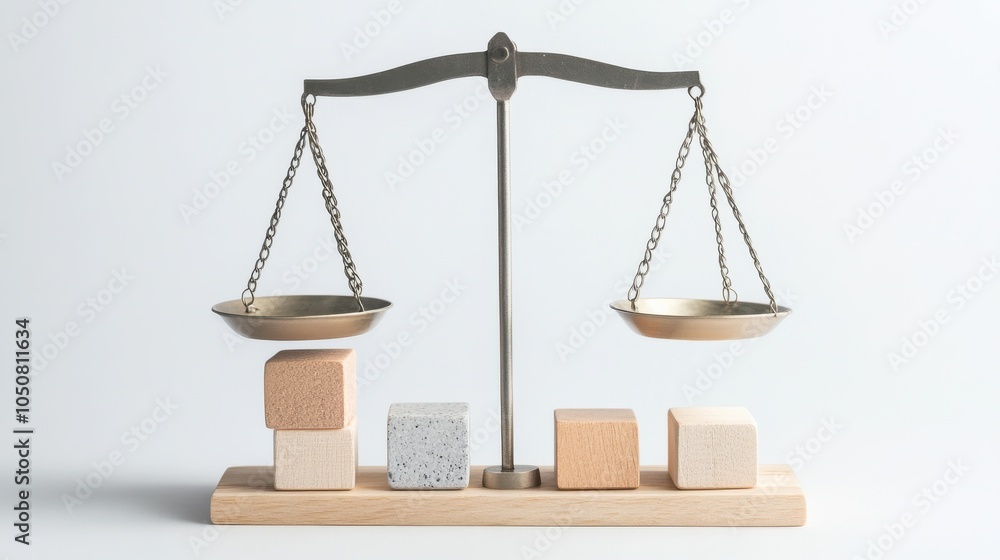 Poster a meaningful depiction of social equity, featuring a set of scales balanced with diverse blocks of v
