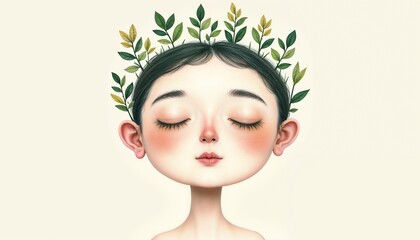 Peaceful girl with plant crown in minimalist style