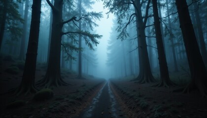 Obraz premium Dark foggy forest path with tall trees