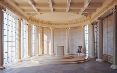 White columns and a podium in a grand hall with a red chair  a classic and elegant setting for a formal event   