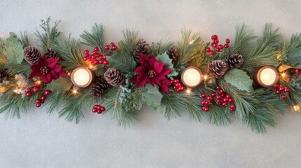 Festive Christmas garland with pine branches, holly leaves, and vibrant red berries on a rustic background.