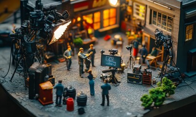 Obraz premium A miniature film set with lights and crew.