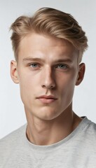 Fototapeta premium 20 year old Nordic male model, side view, casual clothing, half portrait, white background, soft light.