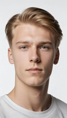 Fototapeta premium 20 year old Nordic male model, side view, casual clothing, half portrait, white background, soft light.