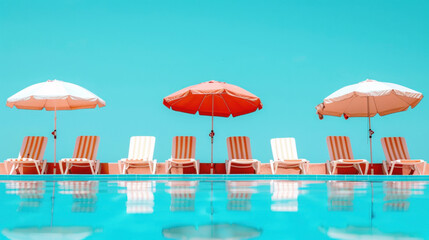 Fototapeta premium Vibrant poolside scene featuring orange and white striped umbrellas casting shade over matching lounge chairs, against a clear sky.