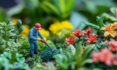 Fototapeta premium Miniature gardener tending to a miniature garden.