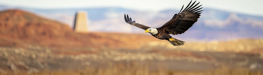 Obraz premium Eagle gliding above national monument, symbolizing freedom and governance, nature theme, vibrant design, striking color contrasts.