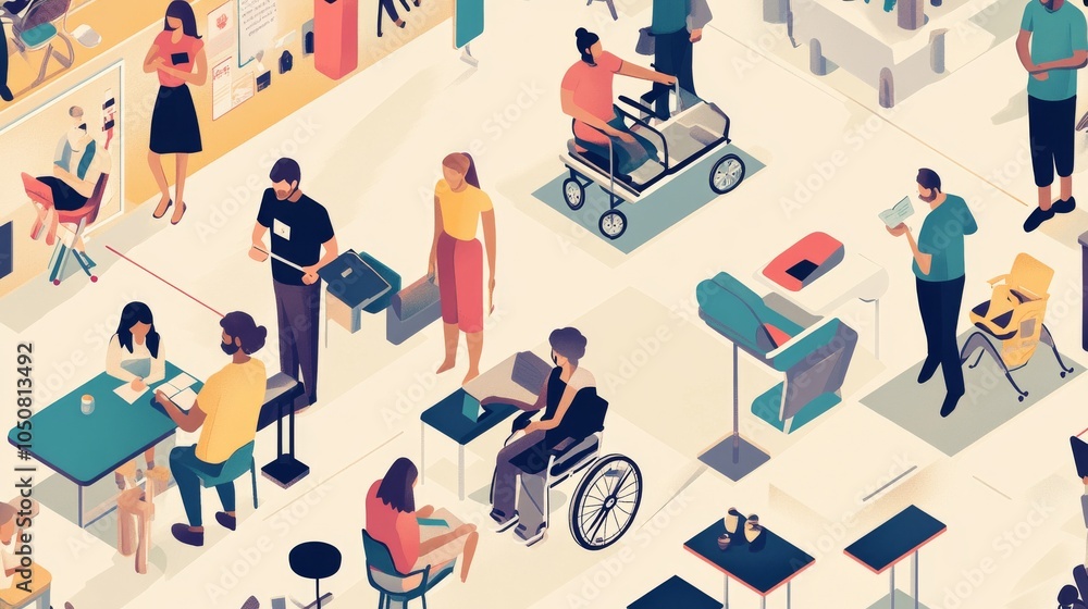 Aufkleber A meaningful image of universal accessibility, showing a diverse group of individuals using various adaptive tools and devices in a public space