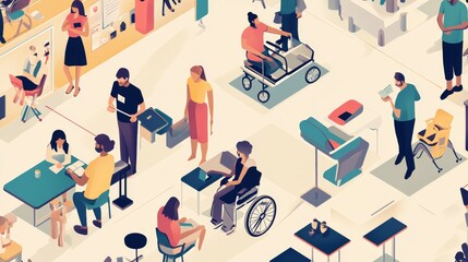 A meaningful image of universal accessibility, showing a diverse group of individuals using various adaptive tools and devices in a public space