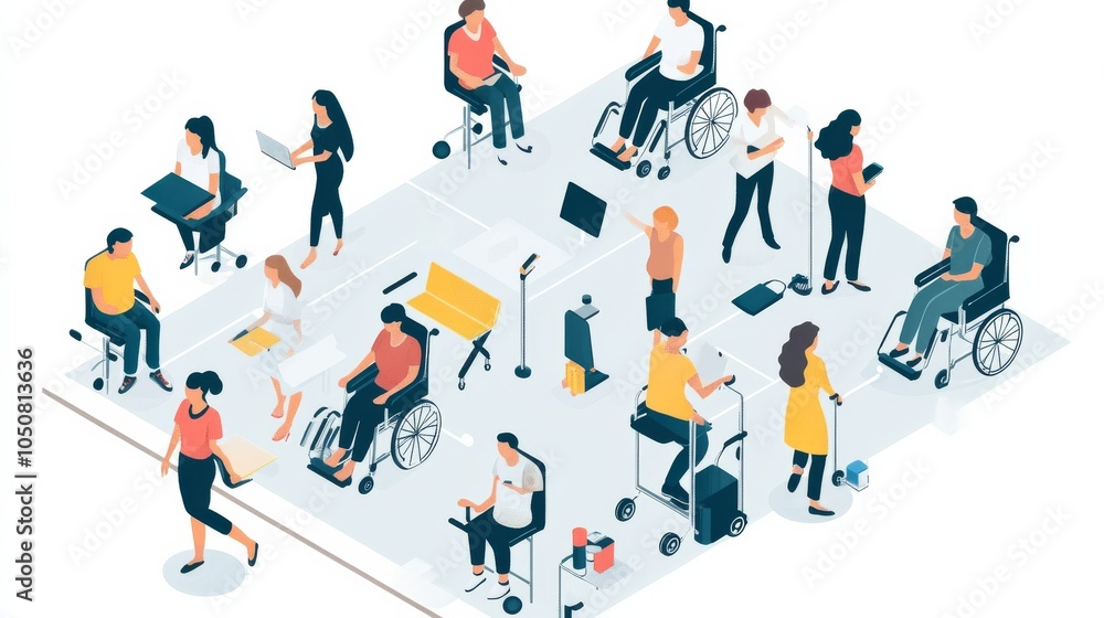 Aufkleber A meaningful image of universal accessibility, showing a diverse group of individuals using various adaptive tools and devices in a public space
