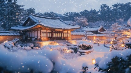 Fototapeta premium Snowfall Over Traditional Korean Architecture