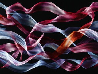 Minimalistic abstract flowing ribbons in red and white on black background