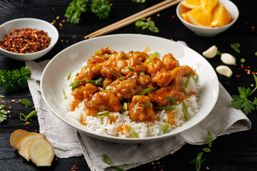 Chinese orange chicken with rice and green onion garnish