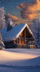 Fototapeta premium Snow-covered trees and a serene winter landscape under a clear blue sky in a tranquil forest setting.