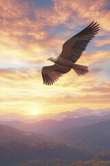 Naklejka premium Freedom bird gliding through varied terrains, radiant dawn backdrop, digital artwork.